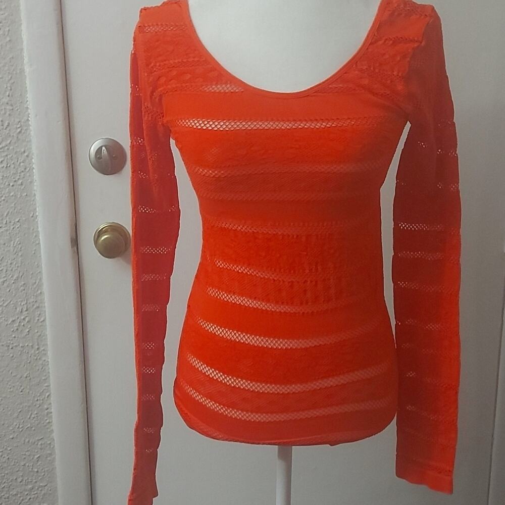 BONGO 3/4 Sleeve Seamless Crew Neck Orange Knit Top L Juniors Festival Hippie